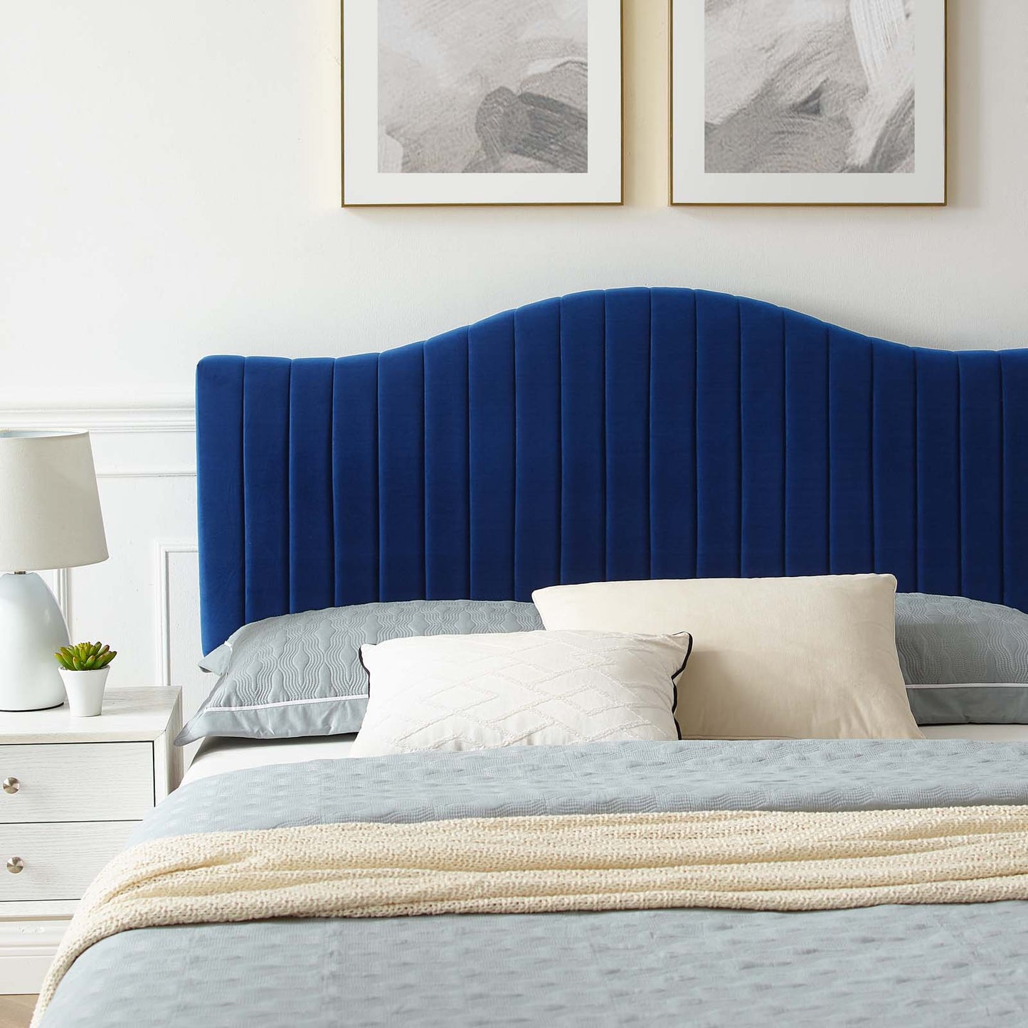 Juniper Channel Tufted Performance Velvet Queen Platform Bed, Velvet, Blue Navy, 22621