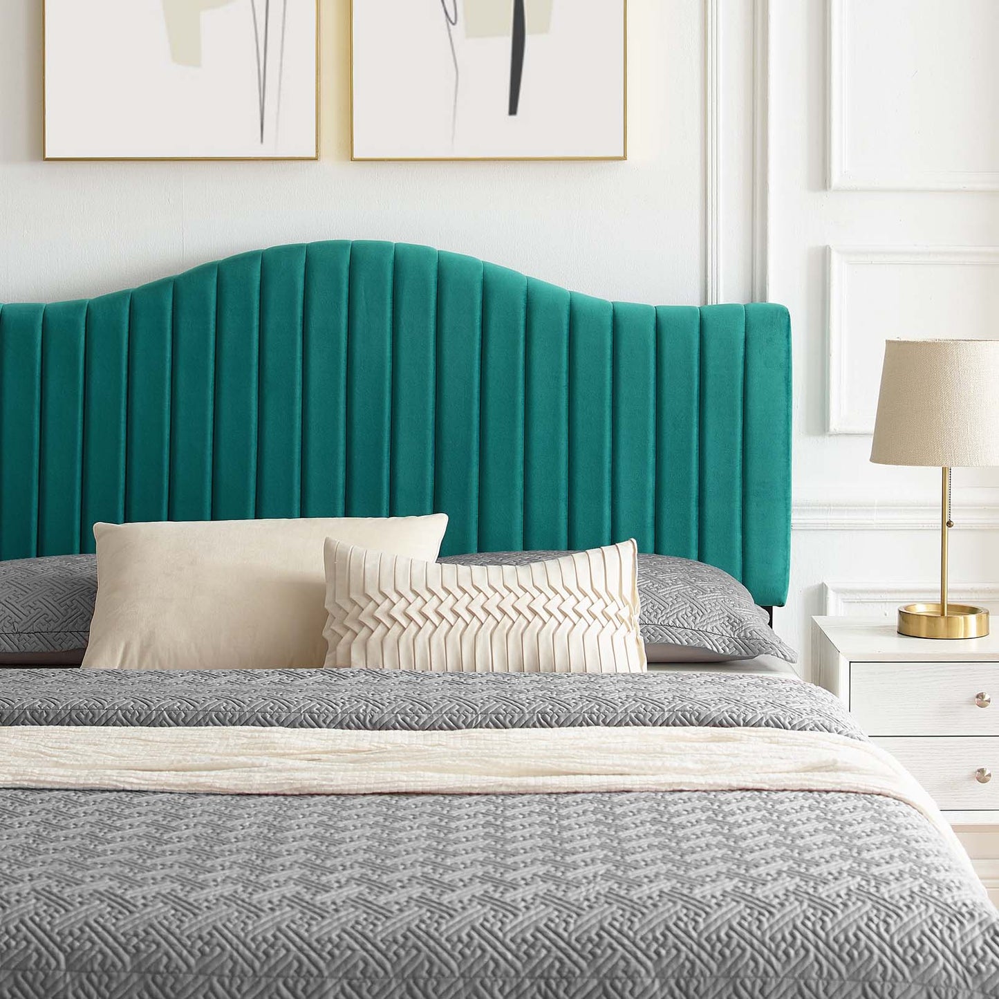 Juniper Channel Tufted Performance Velvet Full Platform Bed, Velvet, Teal Blue, 22647