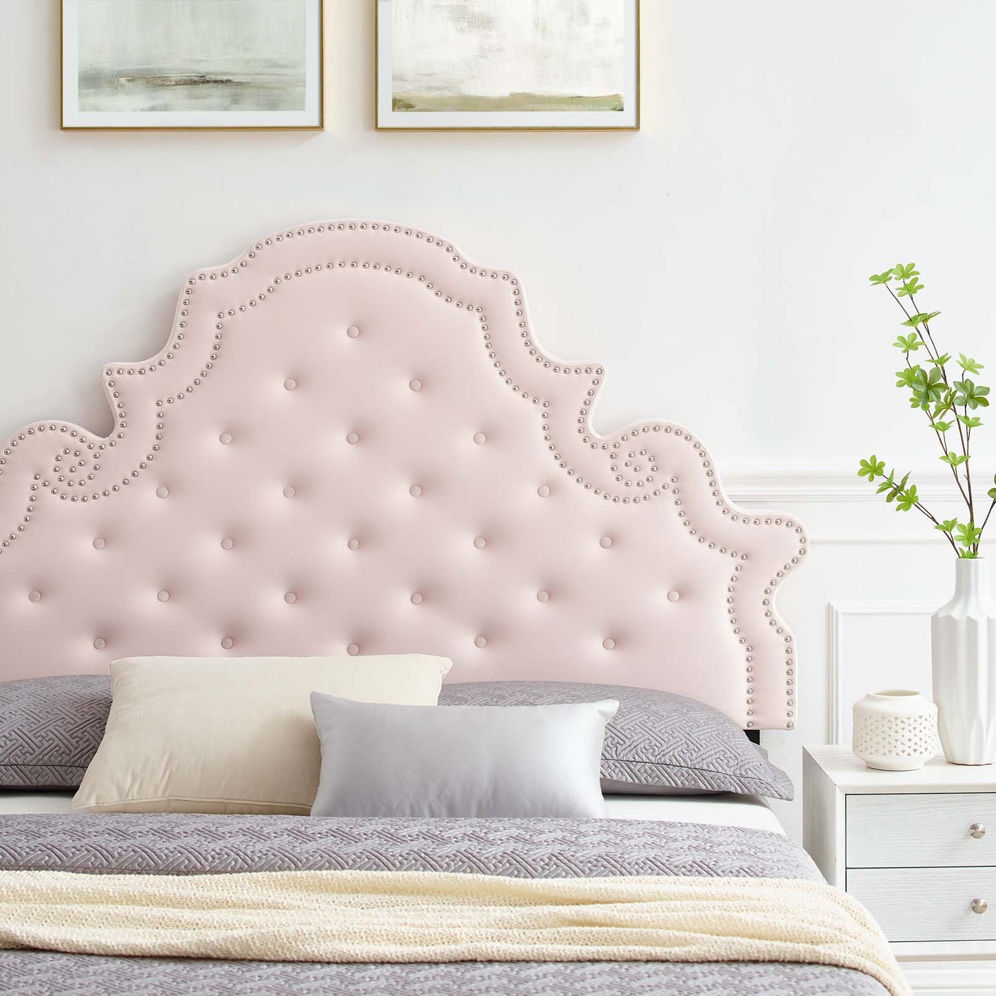 Gwyneth Tufted Performance Velvet King Platform Bed, Velvet, Pink, 22759