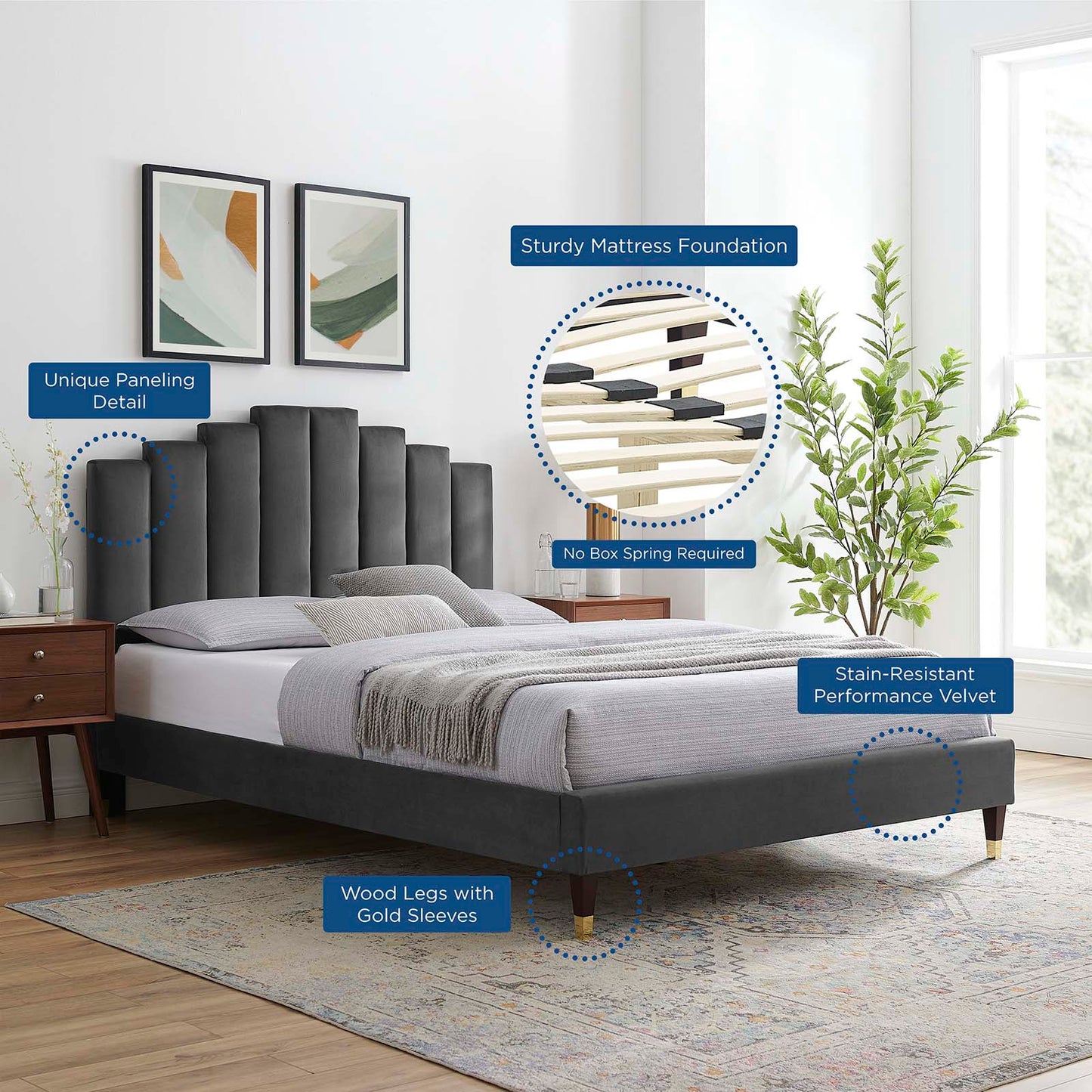 Elise Full Performance Velvet Platform Bed, Velvet, Dark Grey Gray, 22802