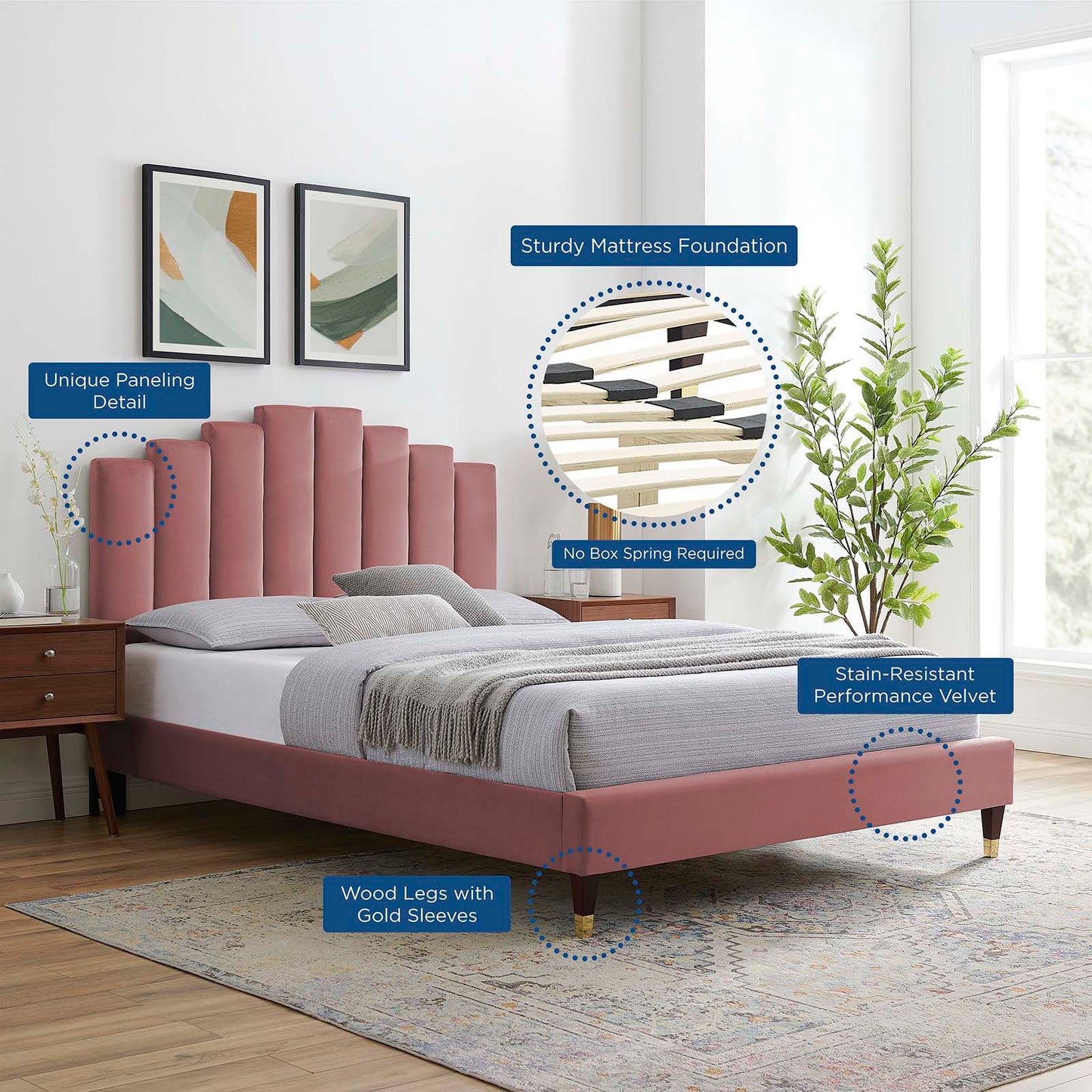 Elise Full Performance Velvet Platform Bed, Velvet, Pink, 22803