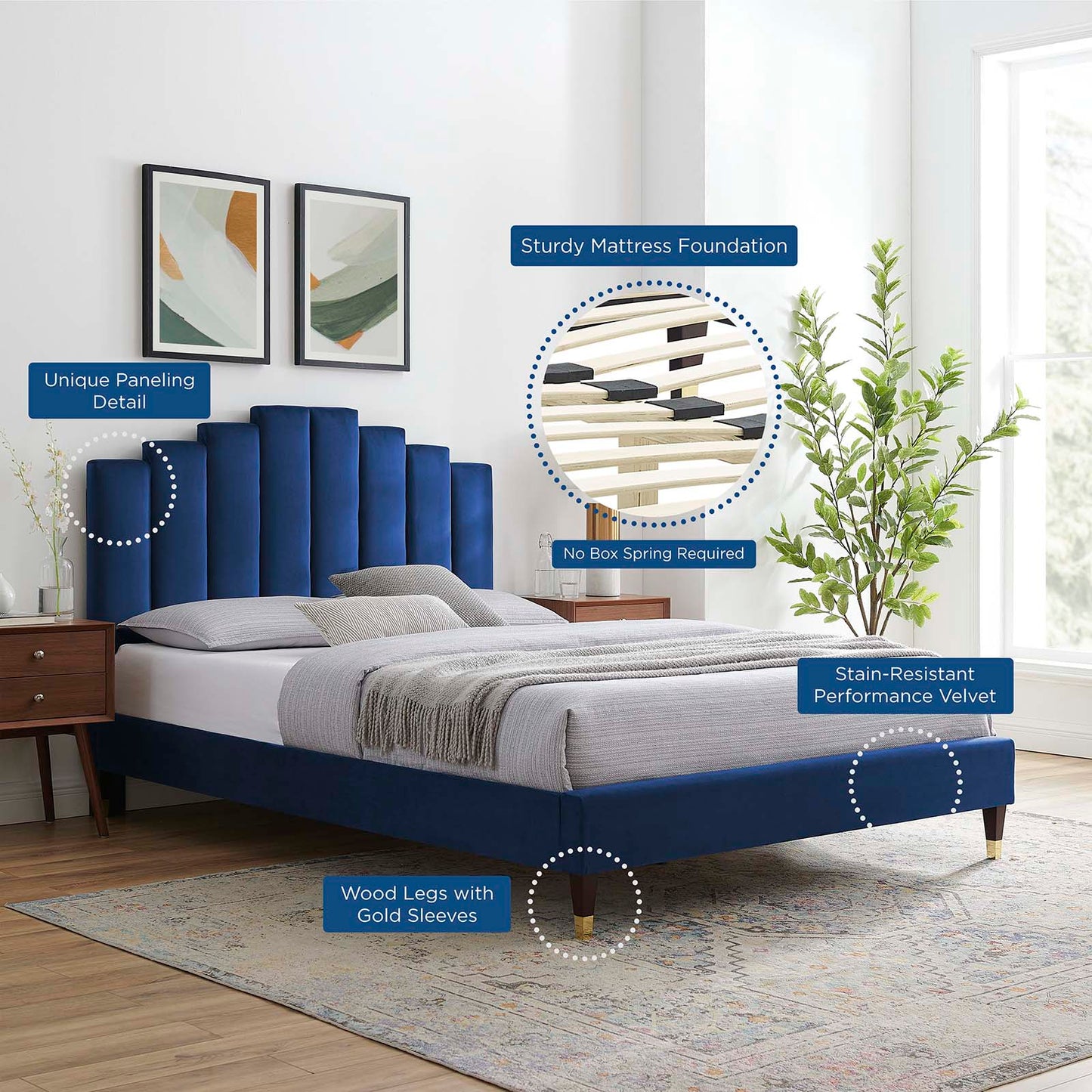 Elise Full Performance Velvet Platform Bed, Velvet, Blue Navy, 22806