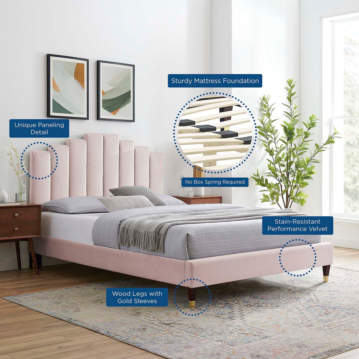 Elise King Performance Velvet Platform Bed, Velvet, Pink, 22815