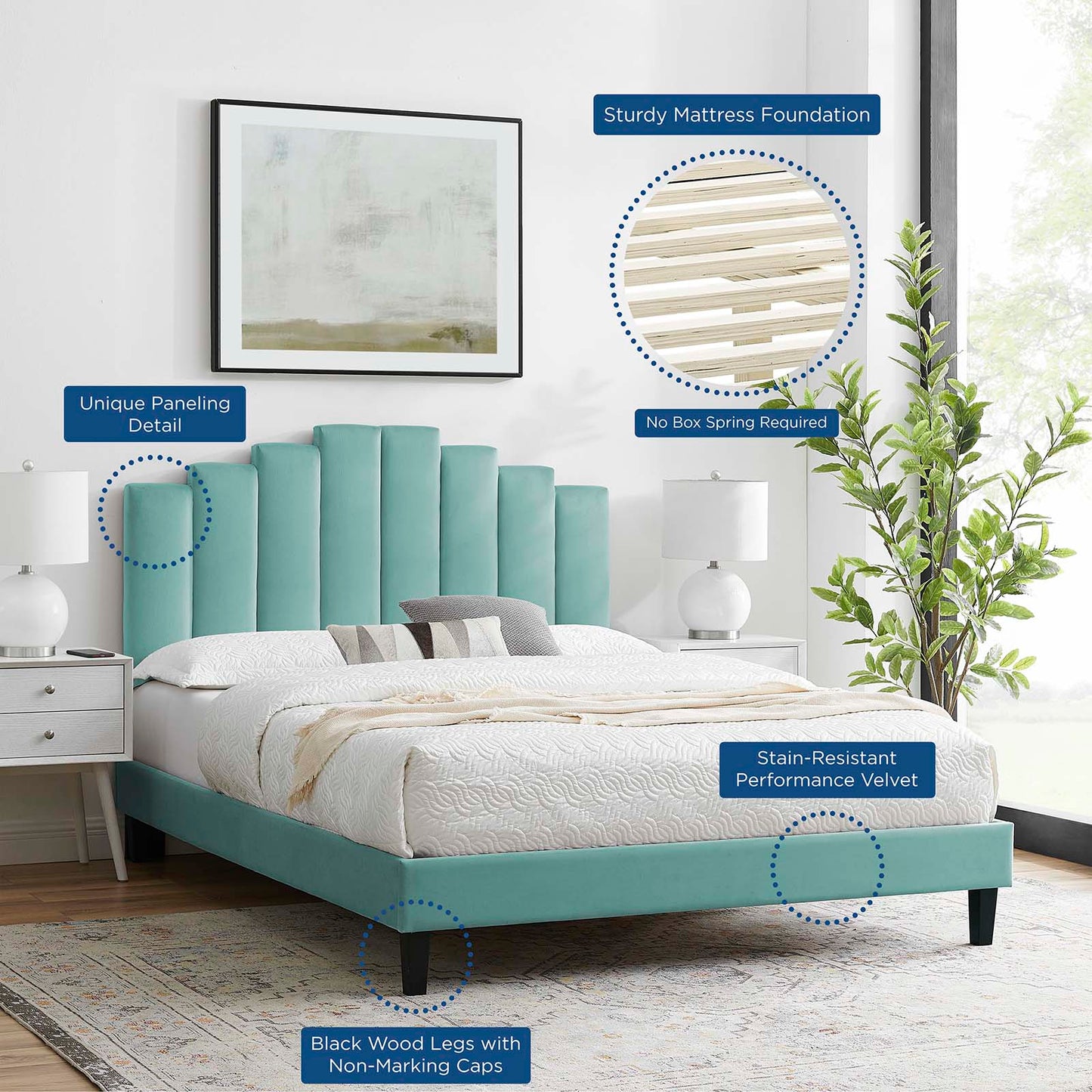 Elise Full Performance Velvet Platform Bed, Velvet, Blue, 22829