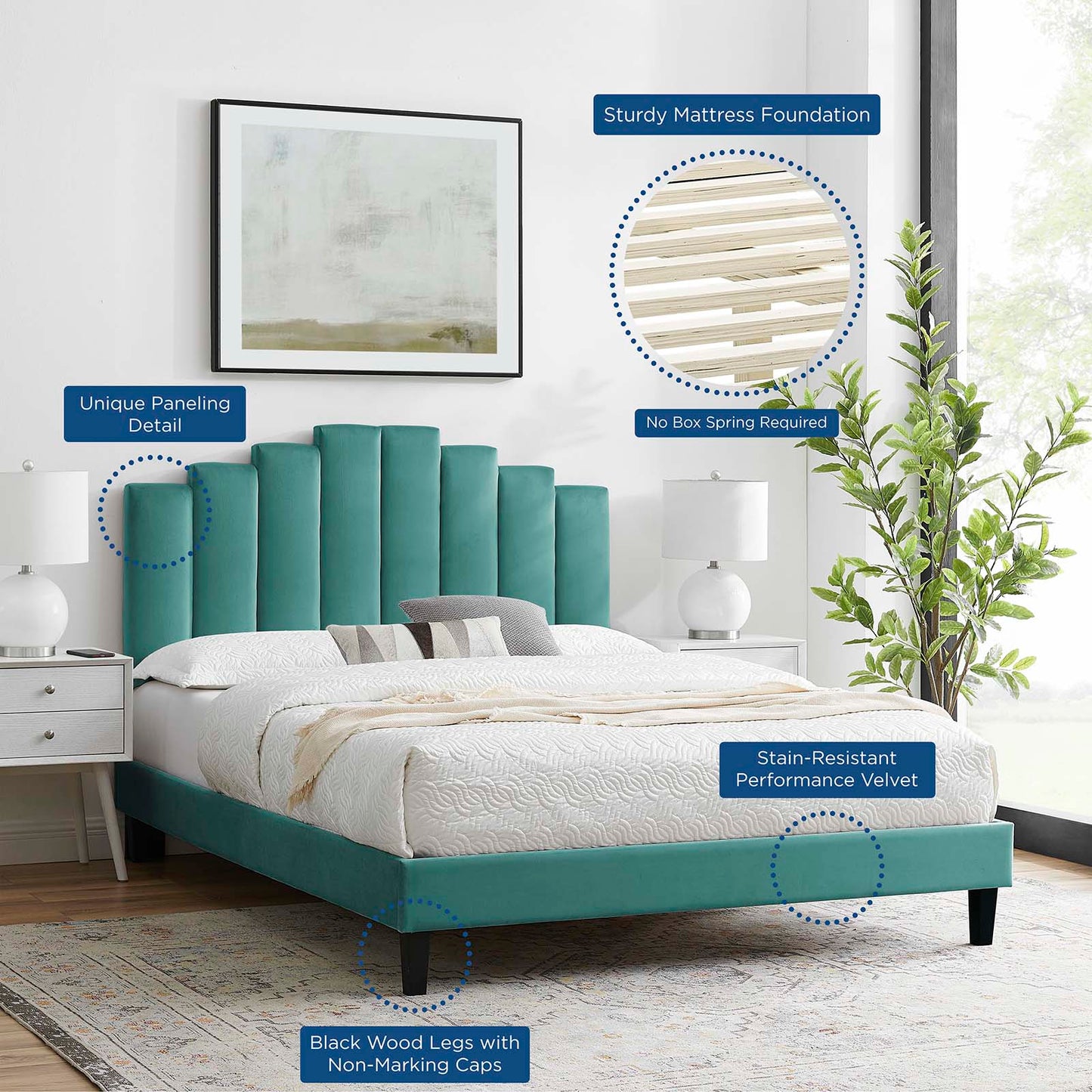 Elise Full Performance Velvet Platform Bed, Velvet, Teal Blue, 22832
