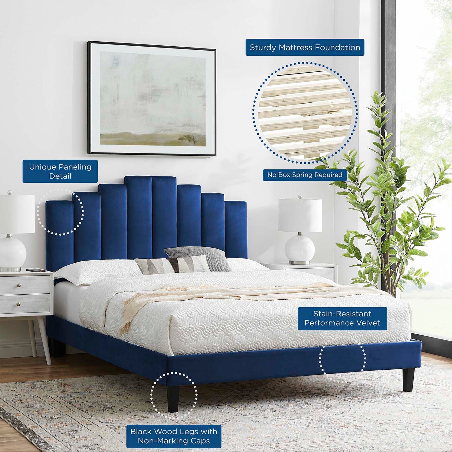 Elise King Performance Velvet Platform Bed, Velvet, Blue Navy, 22838