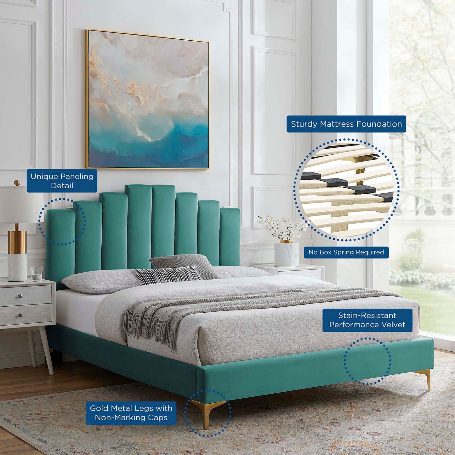 Elise Full Performance Velvet Platform Bed, Velvet, Teal Blue, 22856