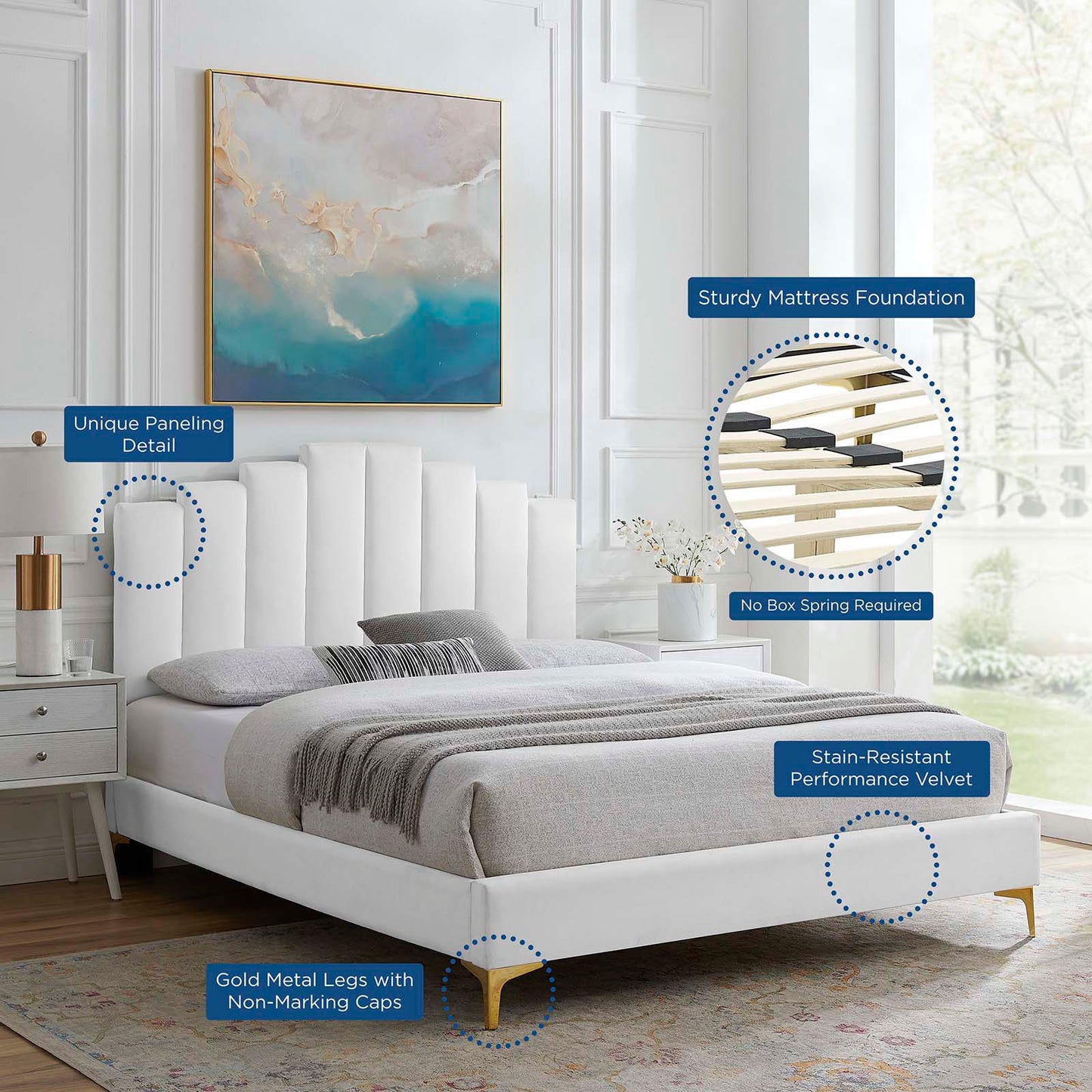 Elise Full Performance Velvet Platform Bed, Velvet, White, 22857