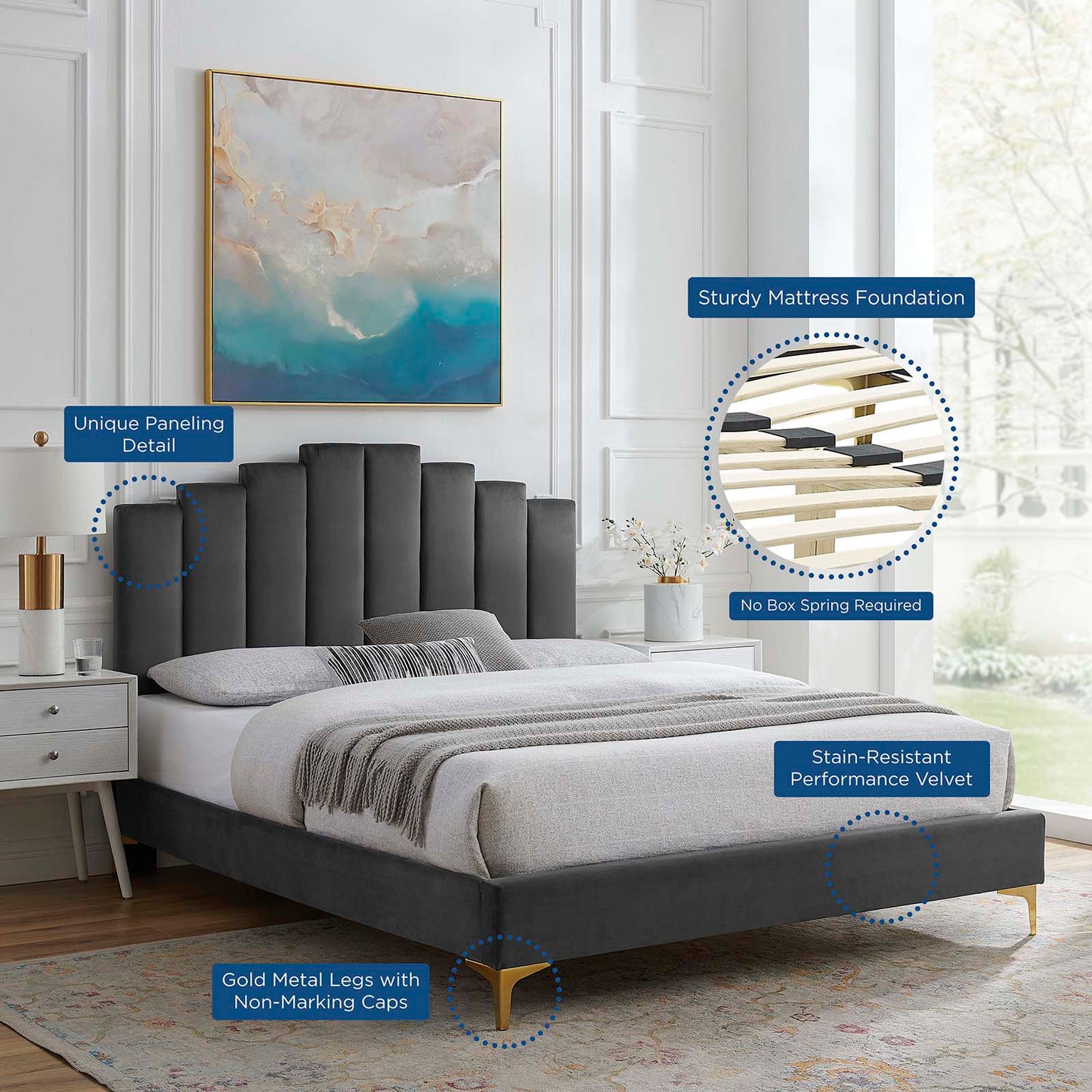 Elise King Performance Velvet Platform Bed, Velvet, Dark Grey Gray, 22858