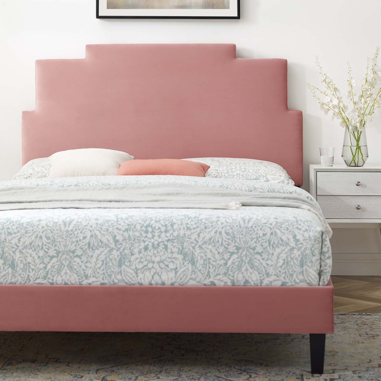 Lindsey Performance Velvet Twin Platform Bed, Velvet, Pink, 22883