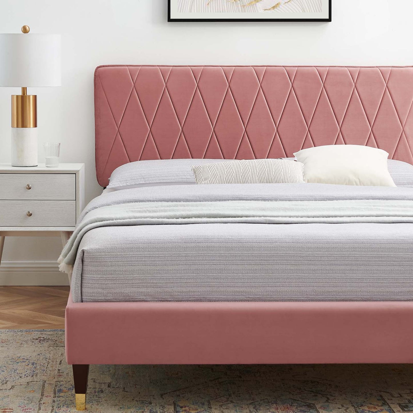 Phillipa Performance Velvet Twin Platform Bed, Velvet, Pink, 22899