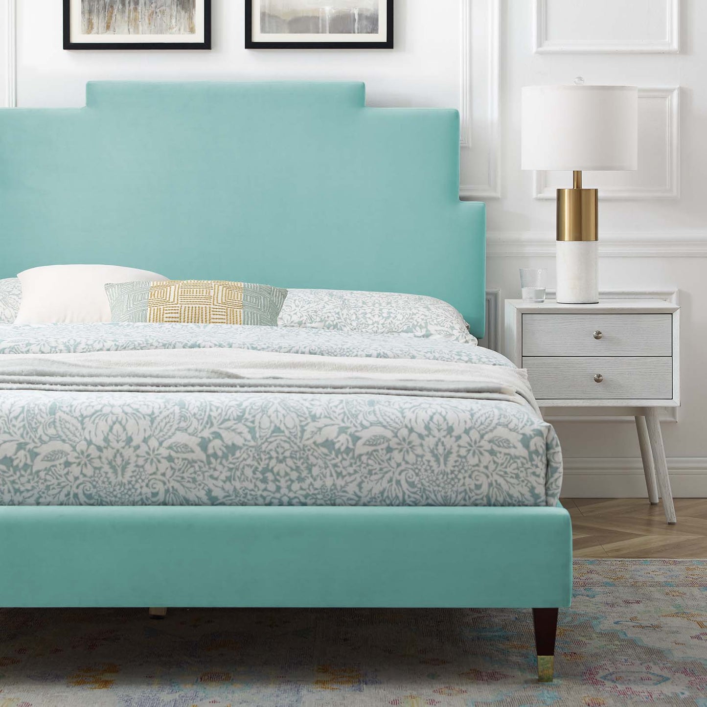 Lindsey Performance Velvet Full Platform Bed, Velvet, Blue, 22925