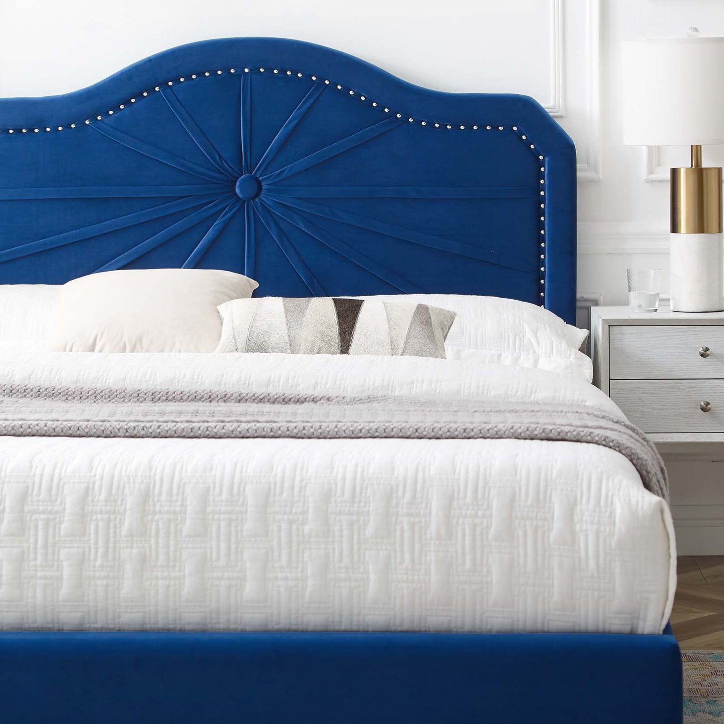 Portia Performance Velvet Full Platform Bed, Velvet, Blue Navy, 23509