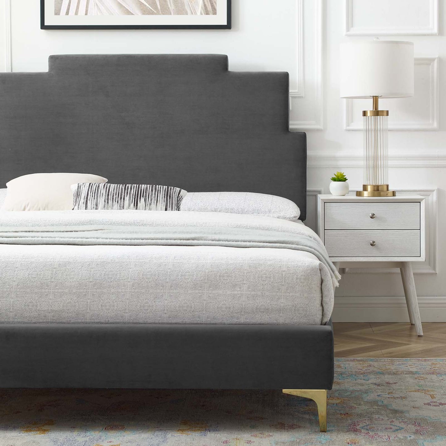 Lindsey Performance Velvet King Platform Bed, Velvet, Dark Grey Gray, 22962