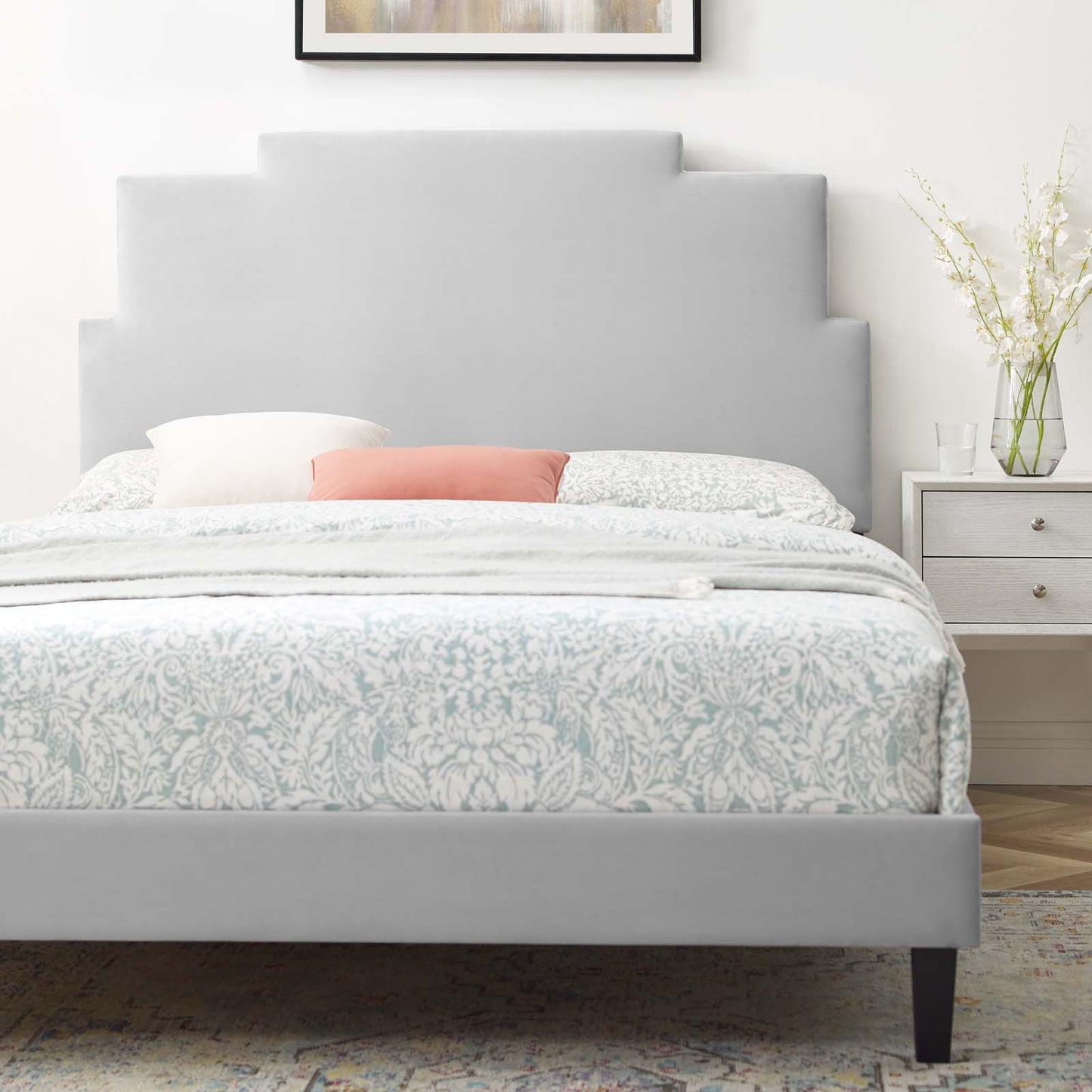 Lindsey Performance Velvet King Platform Bed, Velvet, Light Grey Gray, 22980