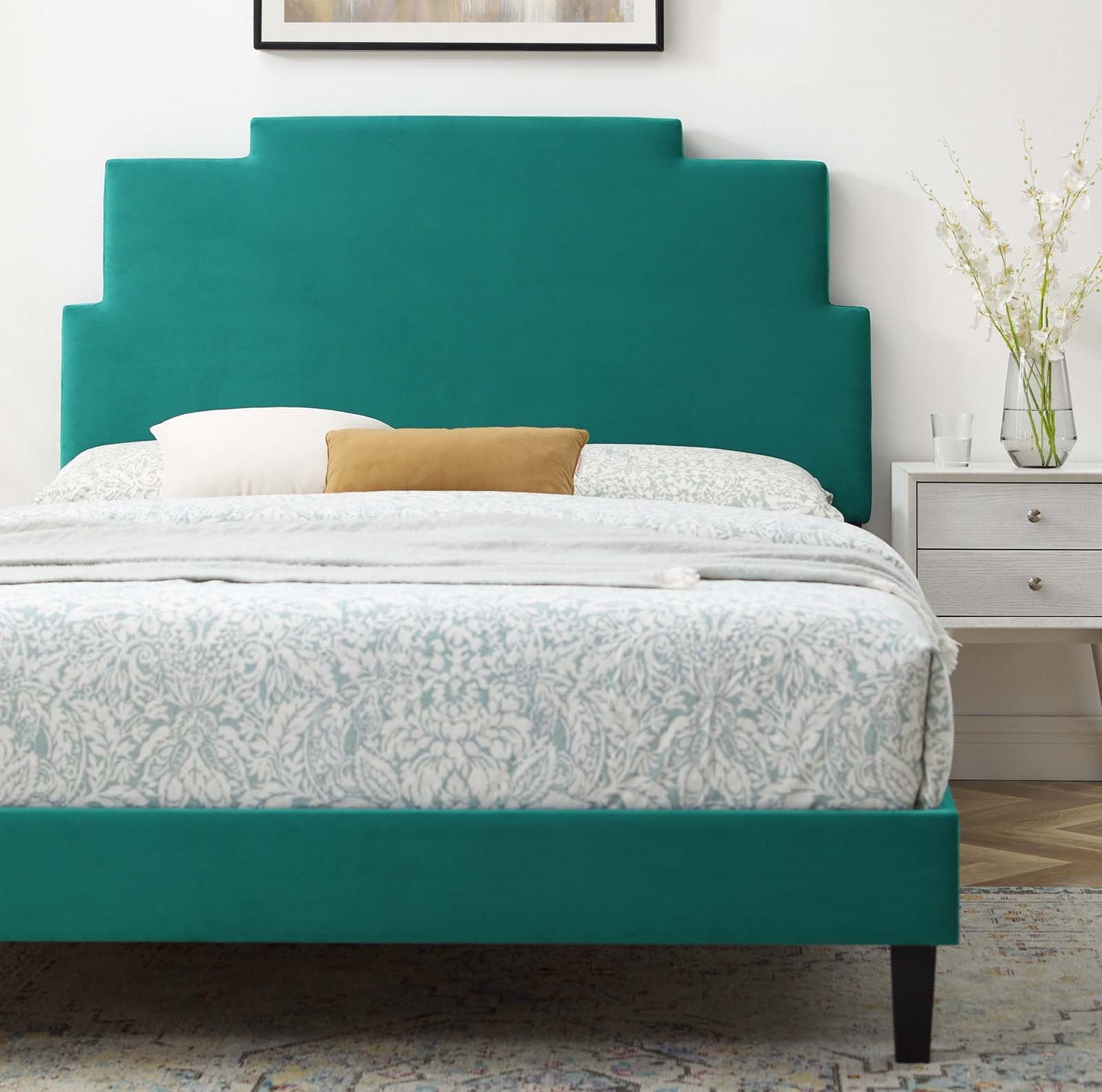 Lindsey Performance Velvet King Platform Bed, Velvet, Teal Blue, 22984