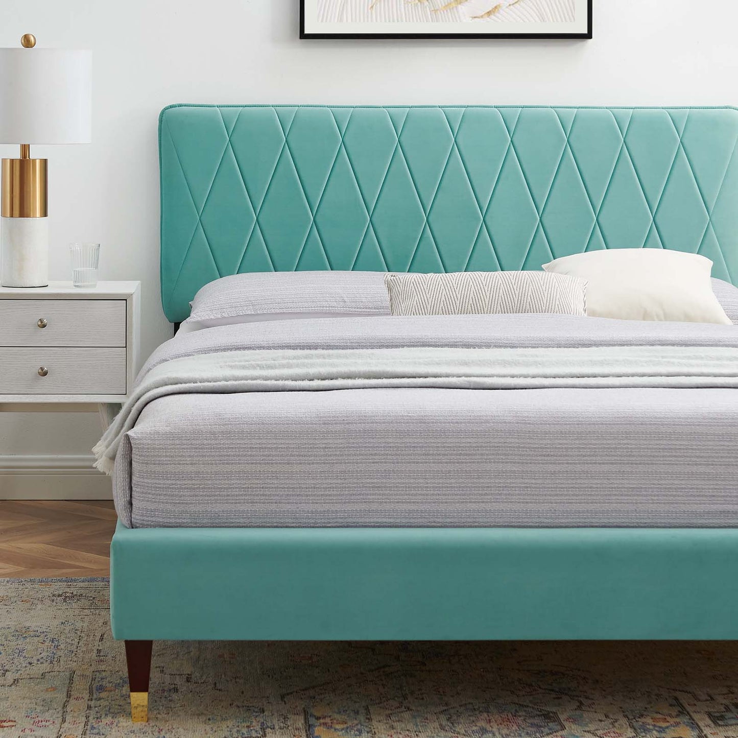 Phillipa Performance Velvet King Platform Bed, Velvet, Blue, 22997
