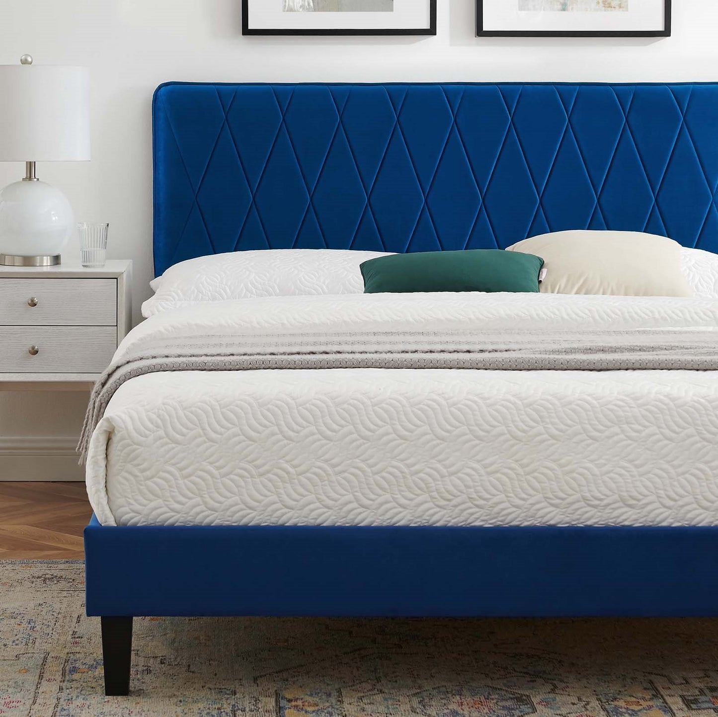 Phillipa Performance Velvet King Platform Bed, Velvet, Blue Navy, 23006