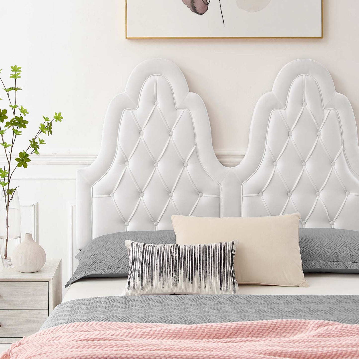 Alexandria Tufted Performance Velvet King Platform Bed, Velvet, White, 23065