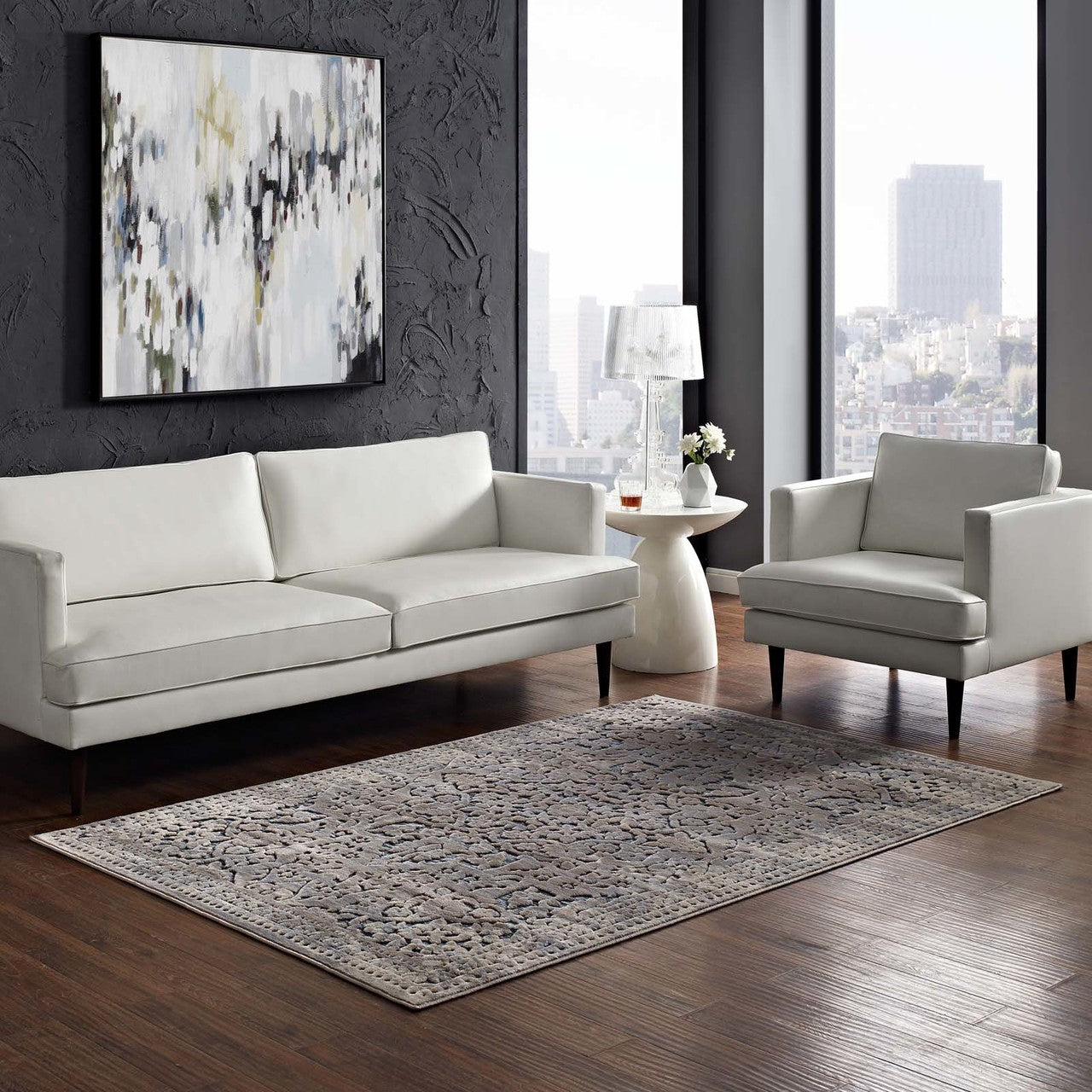 Margarida Distressed Vintage Turkish 5x8 Area Rug, Fabric, Multi Blue 14829