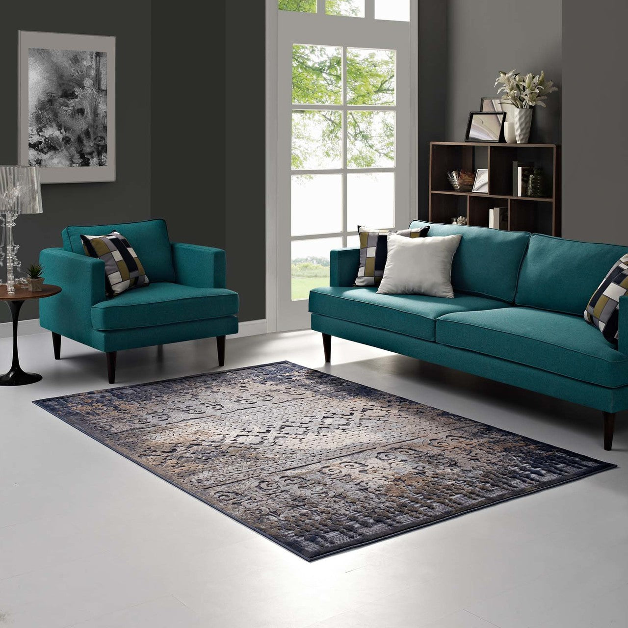 Kalene Distressed Vintage Turkish 8X10 Area Rug, Fabric, Multi Blue 14836