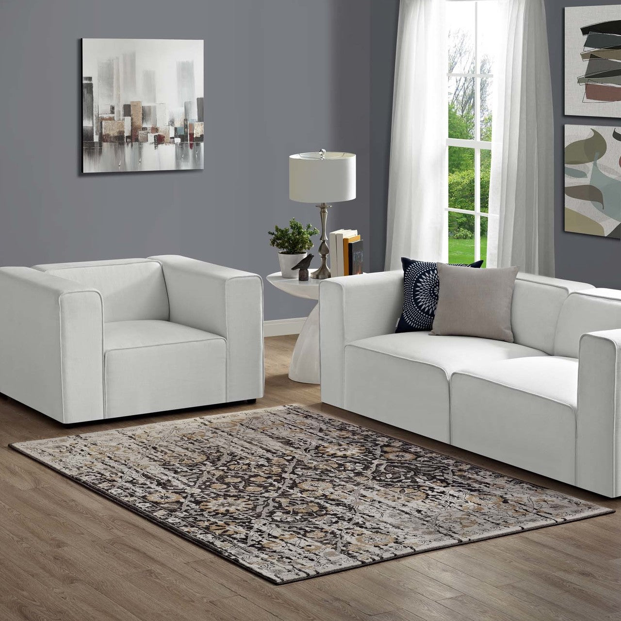 Ganesa Distressed Diamond Floral
Lattice 5x8 Area Rug, Fabric, Multi Beige 14855