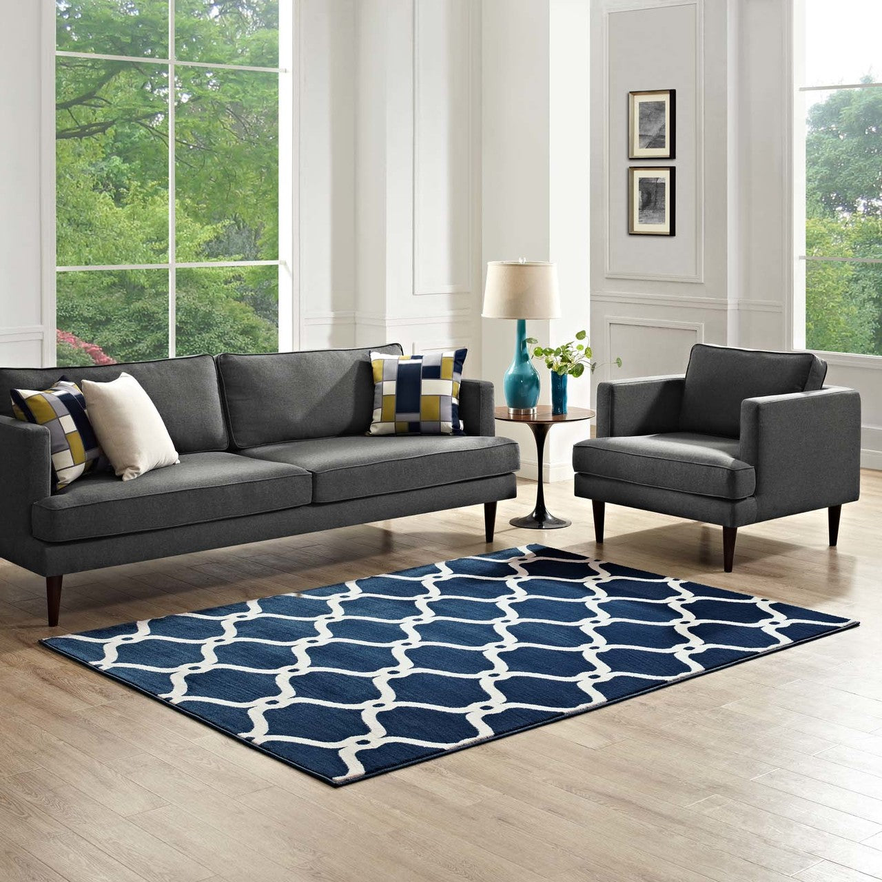 Beltara Chain Link Transitional Trellis 5x8 Area Rug, Fabric, Multi Navy Blue 14895