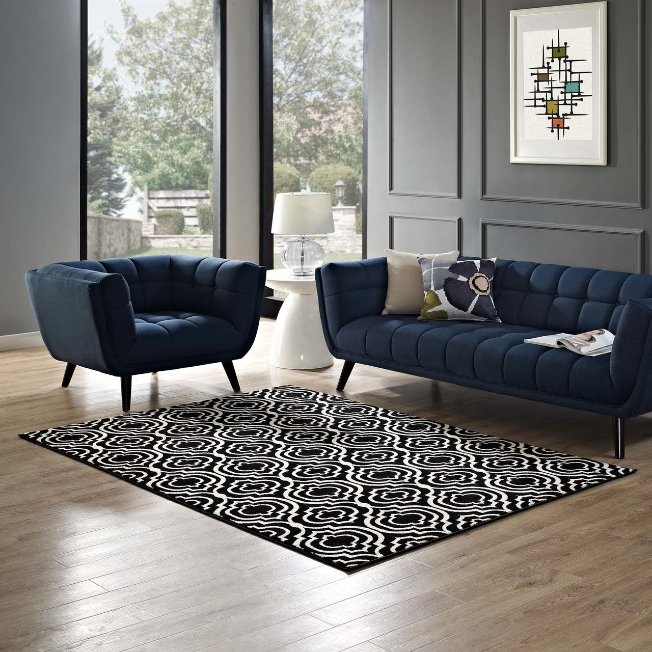 Frame Transitional Moroccan Trellis 5x8 Area Rug, Fabric, Multi Black 14899