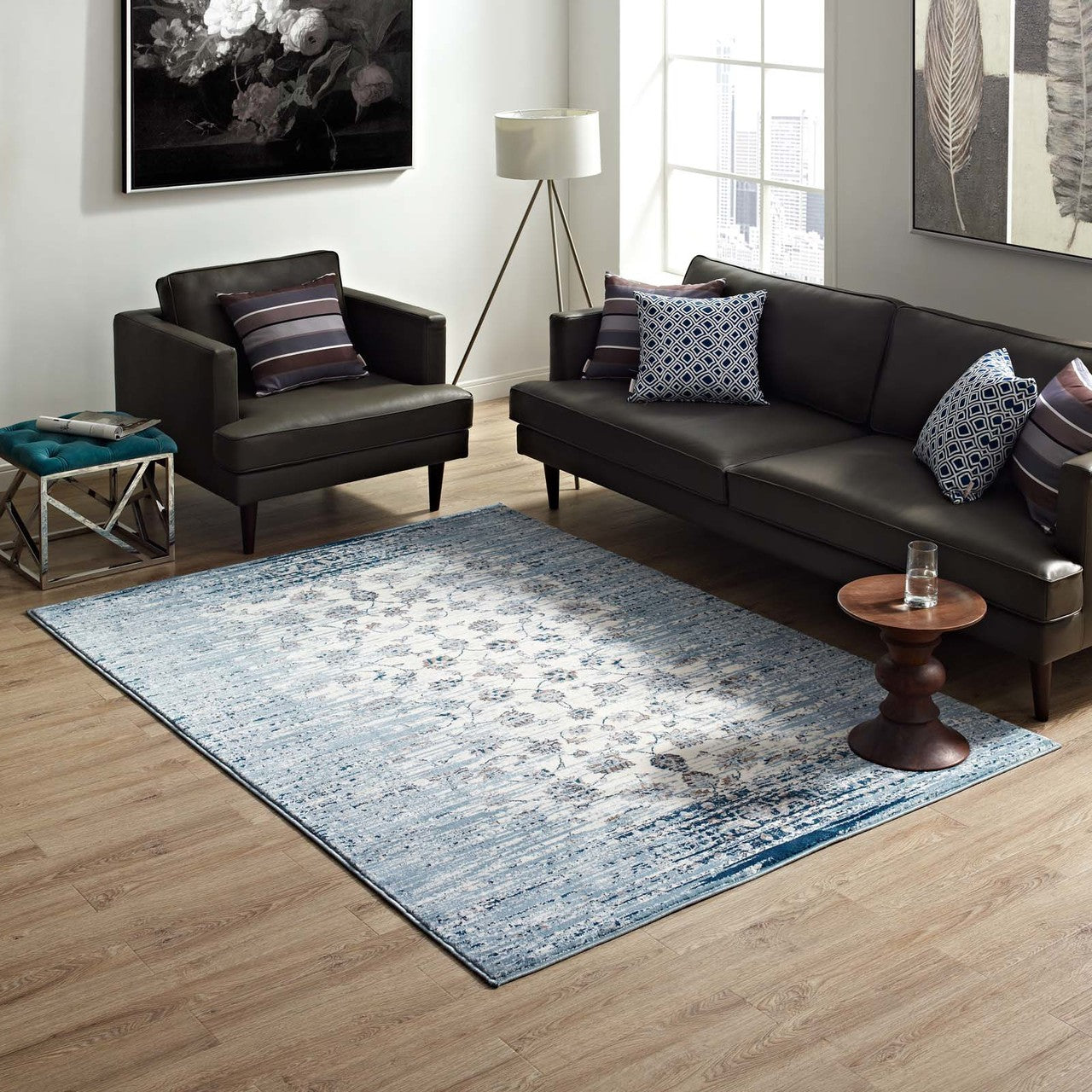 Chiara Distressed Floral Lattice Contemporary 5x8 Area Rug, Fabric, Antique Blue 14907