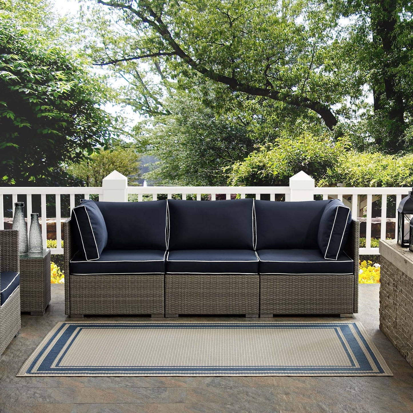 Rim Solid Border 4x6 Indoor and Outdoor Area Rug, Blue Beige, 23105