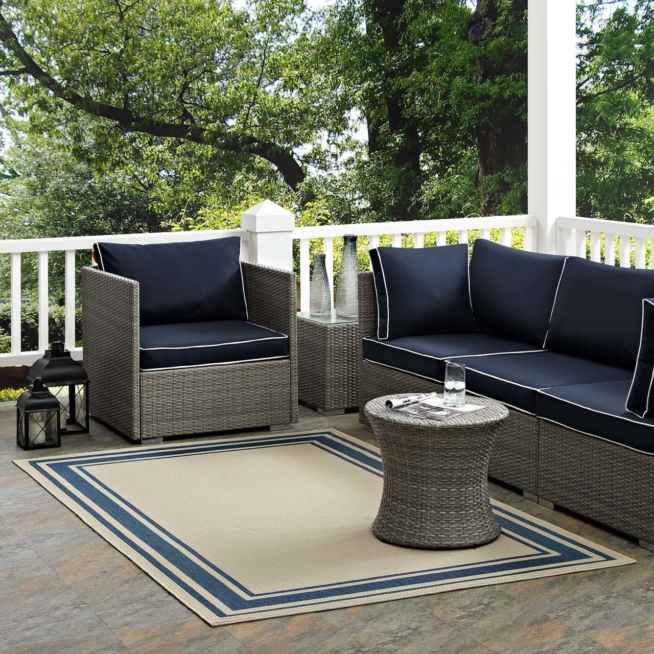 Rim Solid Border Borderline 5x8 Indoor and Outdoor Area Rug, Fabric, Multi Beige 14941
