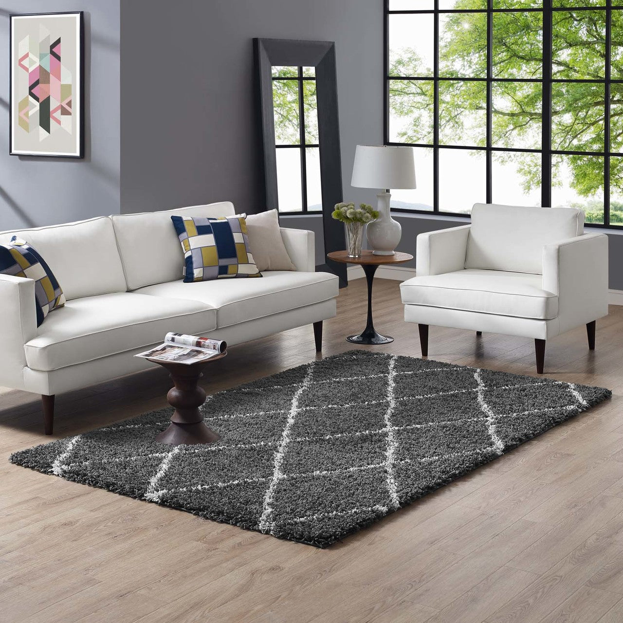 Toryn Diamond Lattice 5x8 Shag Area Rug, Fabric, Multi Dark Grey Gray 14979