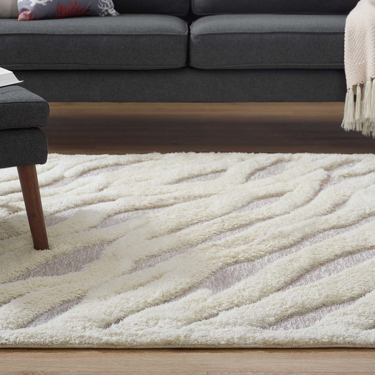 Current Abstract Wavy Striped 5x8 Shag Area Rug, Fabric, Multi Grey Gray 15015
