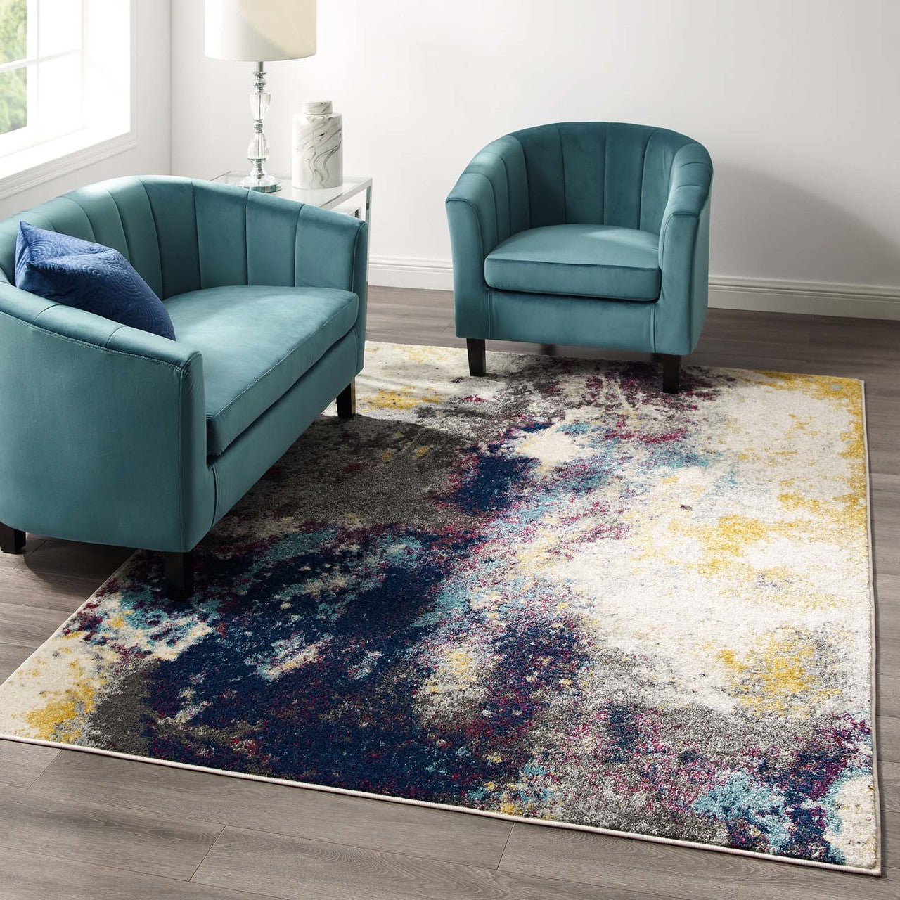 Entourage Adeline Contemporary Modern Abstract 5x8 Area Rug, Fabric, Multi Blue 15619