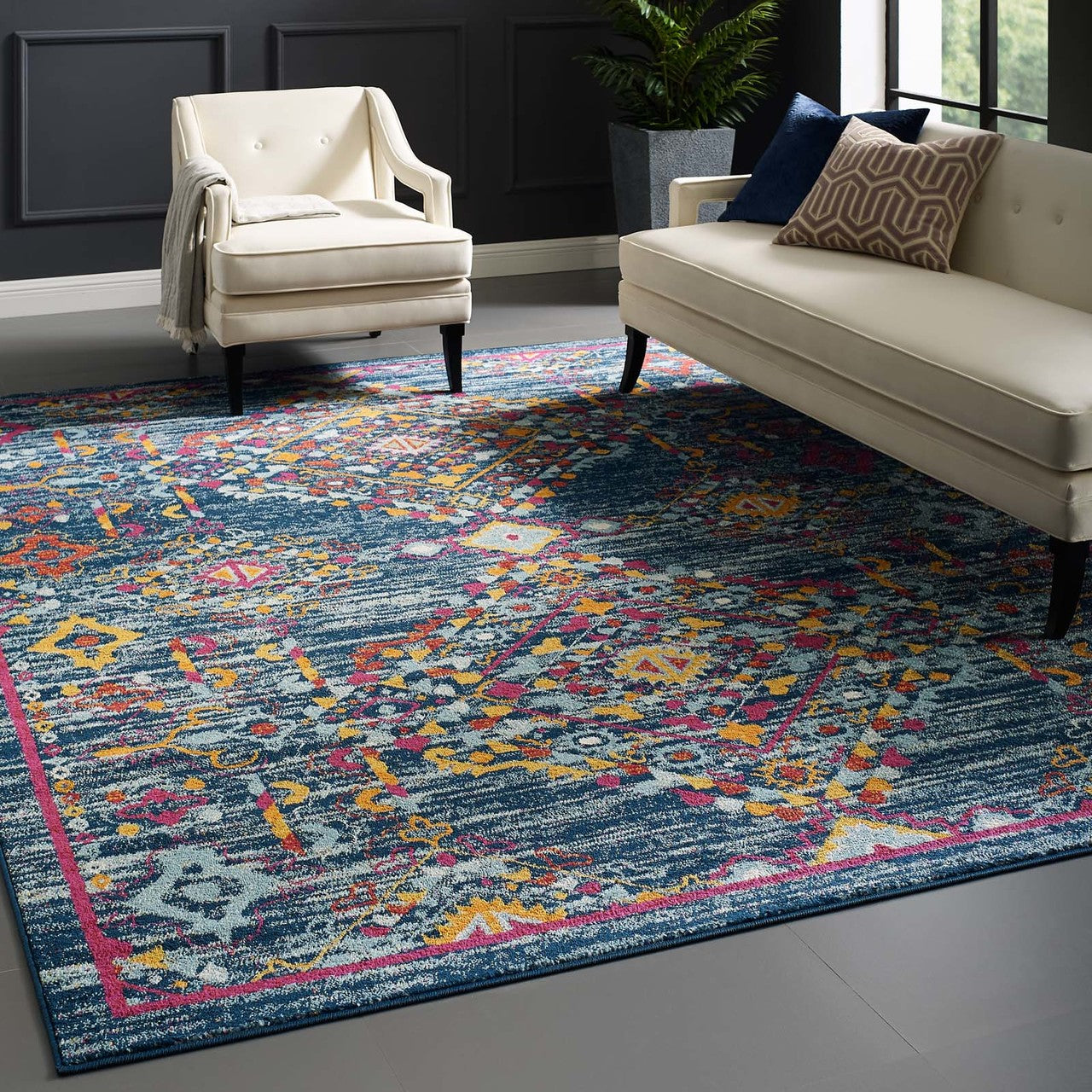 Entourage Khalida Distressed Vintage Floral Lattice 8x10 Area Rug, Fabric, Multi Blue 15630