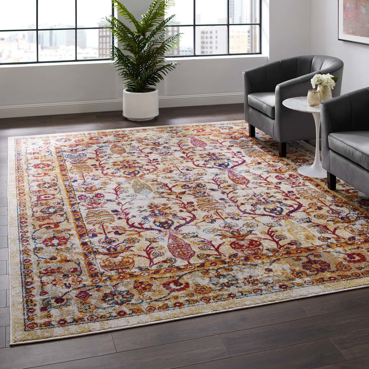 Entourage Jessa Distressed Vintage Floral Lattice 8x10 Area Rug, Fabric, Antique Orange 15632
