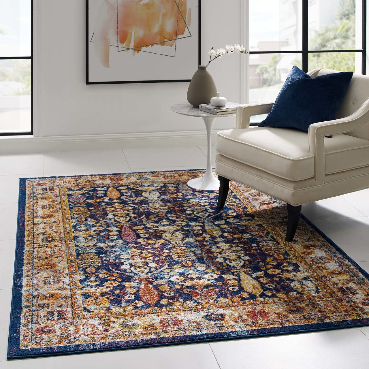 Entourage Jessa Distressed Vintage Floral Lattice 5x8 Area Rug, Fabric, Multi Blue 15633