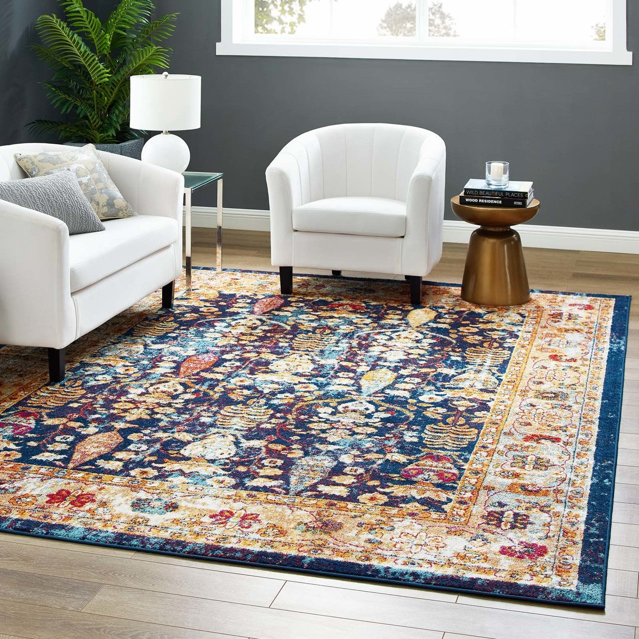 Entourage Jessa Distressed Vintage Floral Lattice 8x10 Area Rug, Fabric, Multi Blue 15634