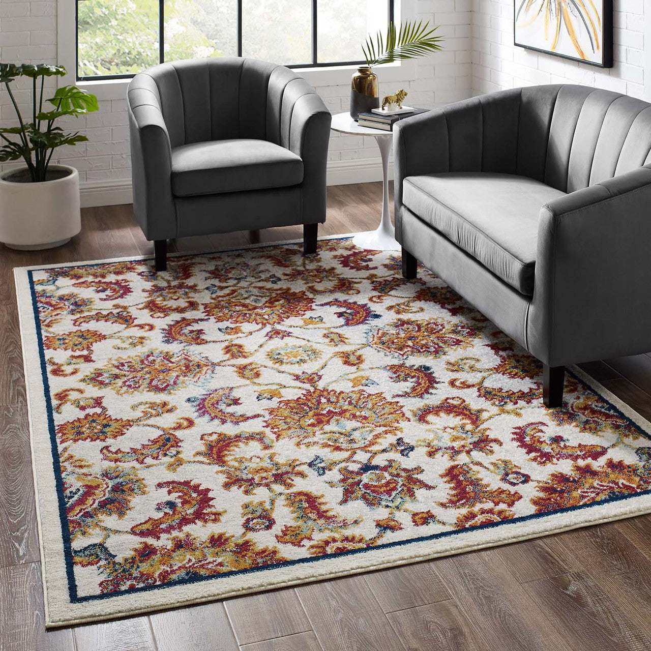 Entourage Azami Distressed Vintage Floral Lattice 5x8 Area Rug, Fabric, Antique Orange 15635