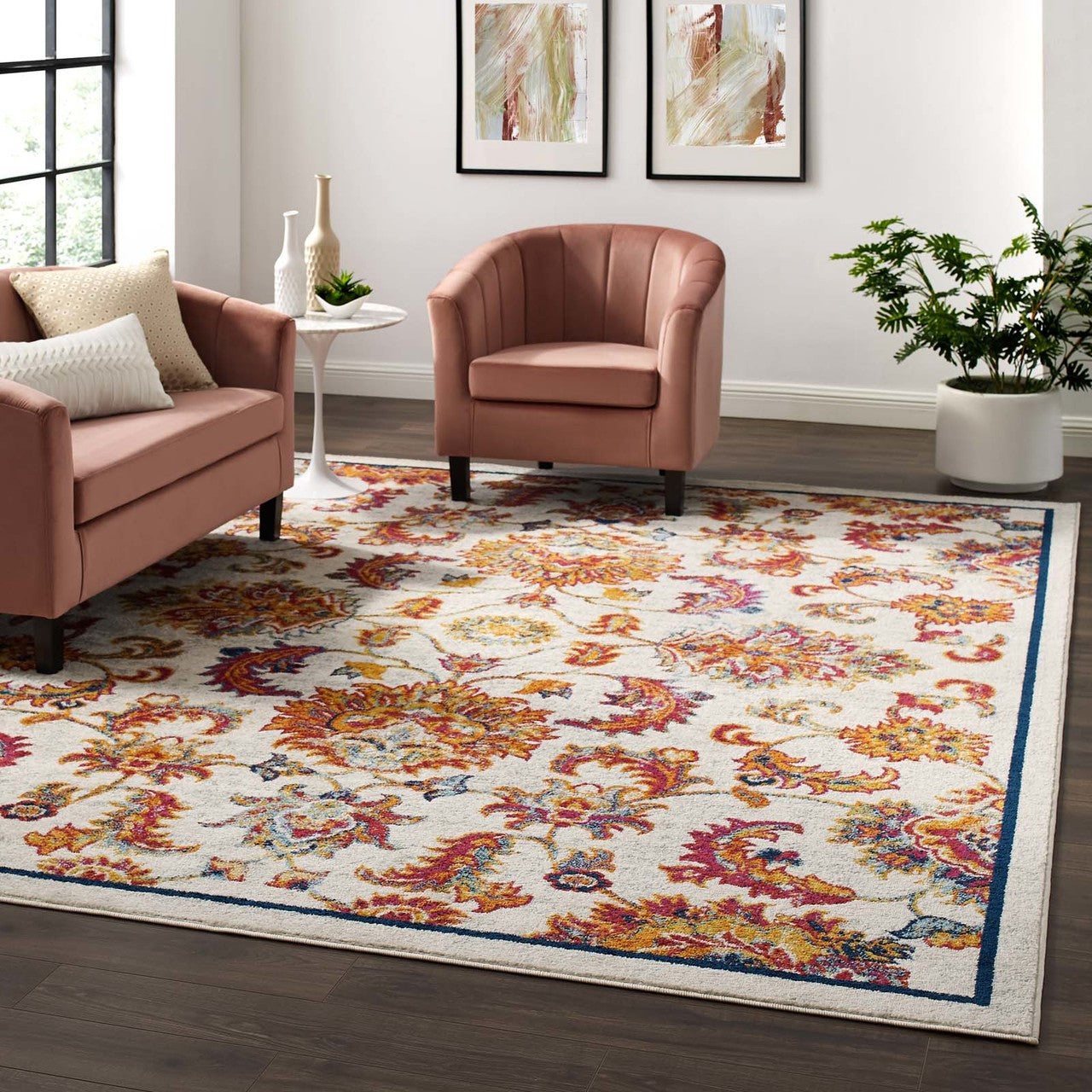 Entourage Azami Distressed Vintage Floral Lattice 8x10 Area Rug, Fabric, Antique Orange 15636