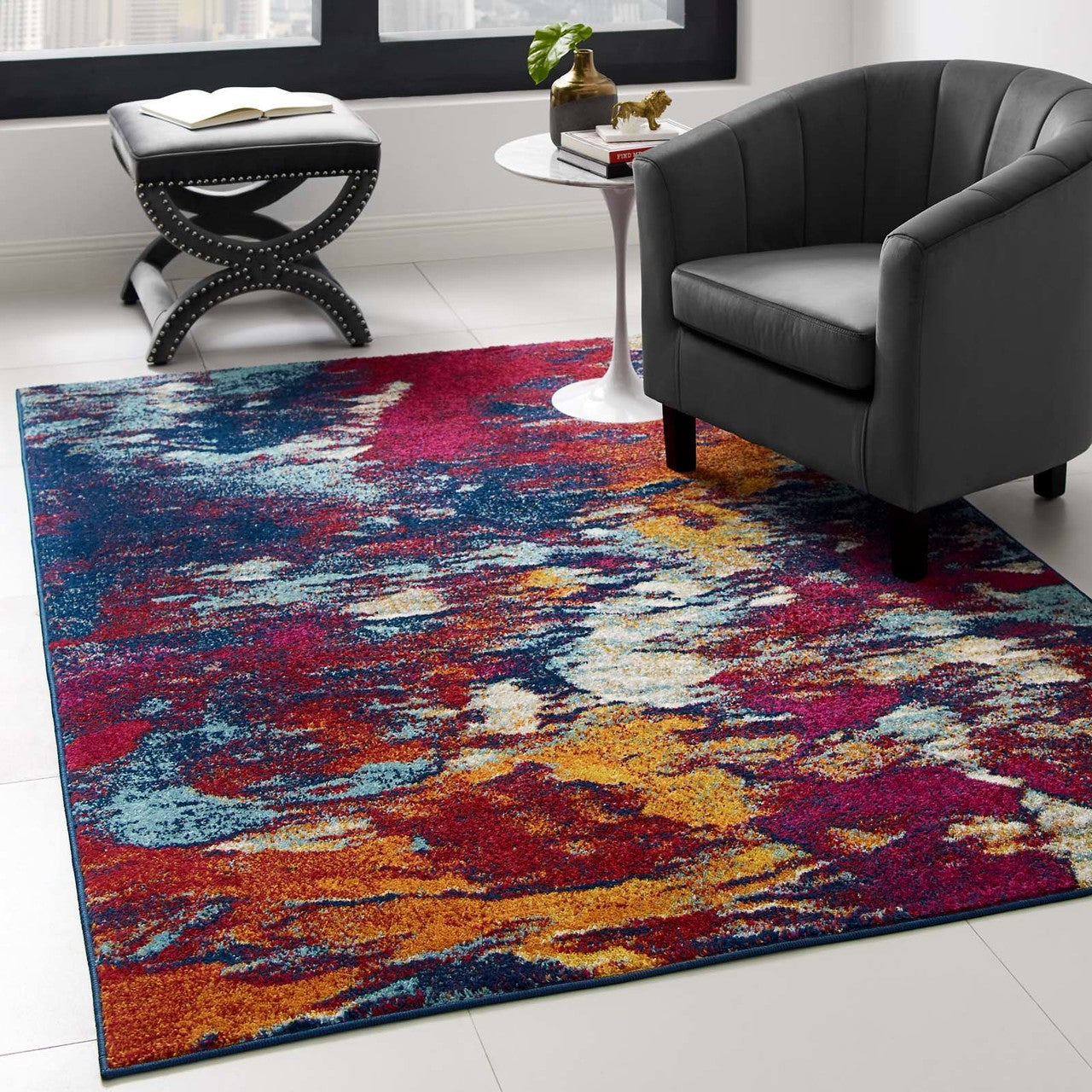 Entourage Foliage Contemporary Modern Abstract 5x8 Area Rug, Fabric, Multi Blue 15637