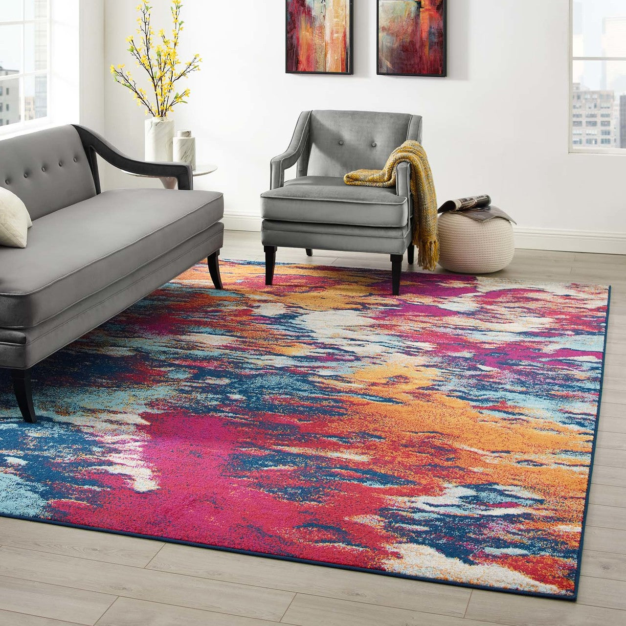 Entourage Foliage Contemporary Modern Abstract 8x10 Area Rug, Fabric, Multi Blue 15638
