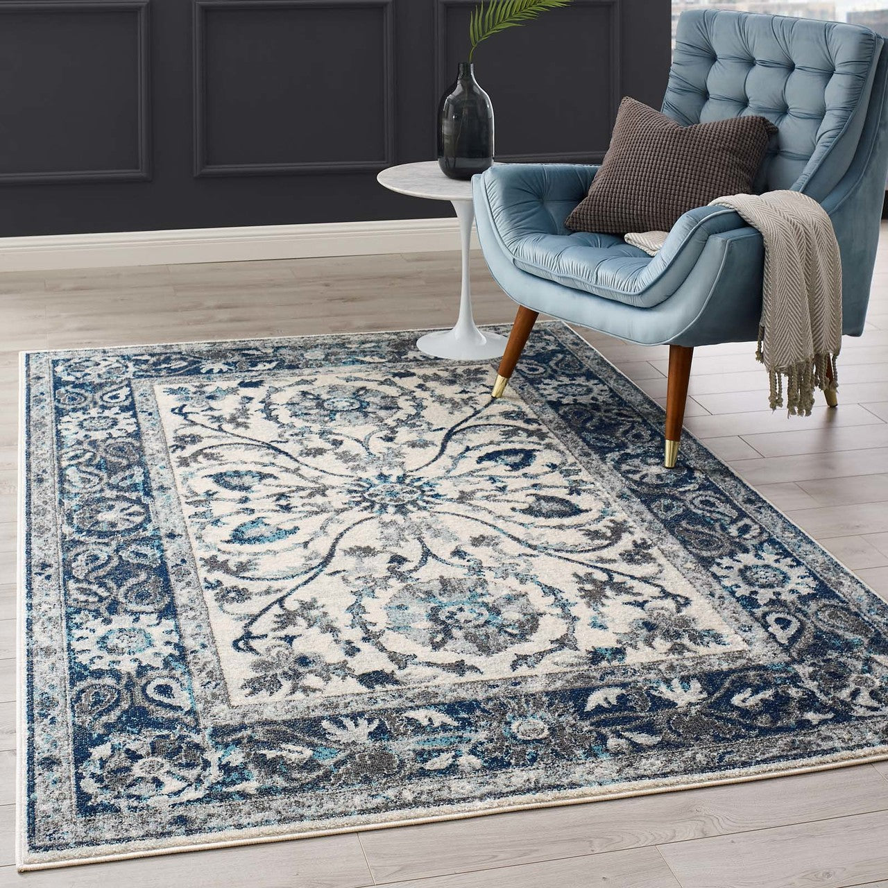 Entourage Samira Distressed Vintage Floral Persian Medallion 5x8 Area Rug, Fabric, Blue Ivory White 15647