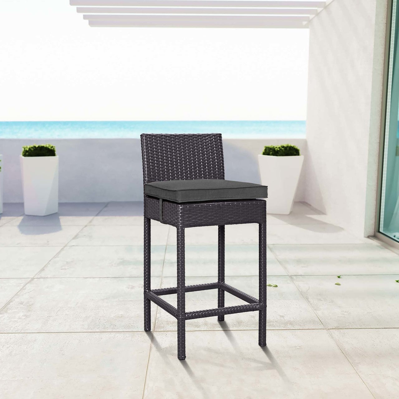 Convene Outdoor Patio Fabric Bar Stool, Rattan Wicker, Grey Gray 13209