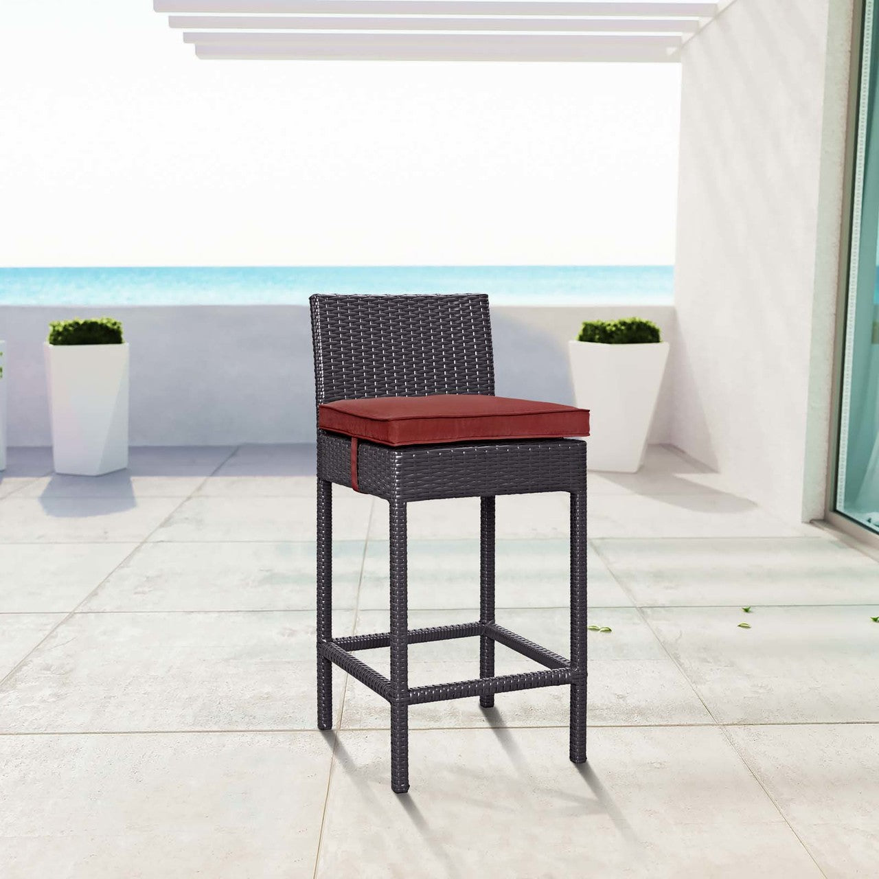 Convene Outdoor Patio Fabric Bar Stool, Rattan Wicker, Red 13210