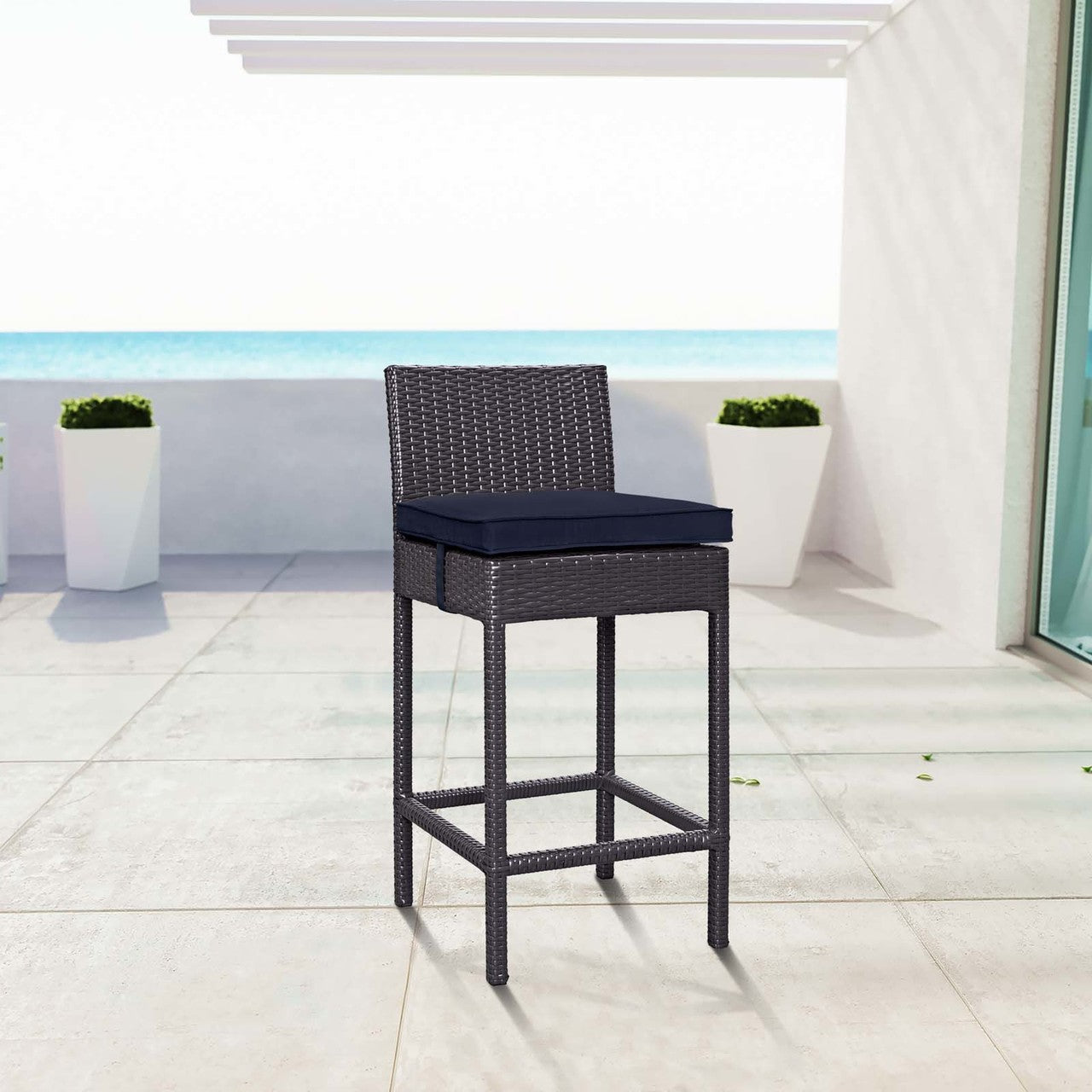Convene Outdoor Patio Fabric Bar Stool, Rattan Wicker, Navy Blue 13213