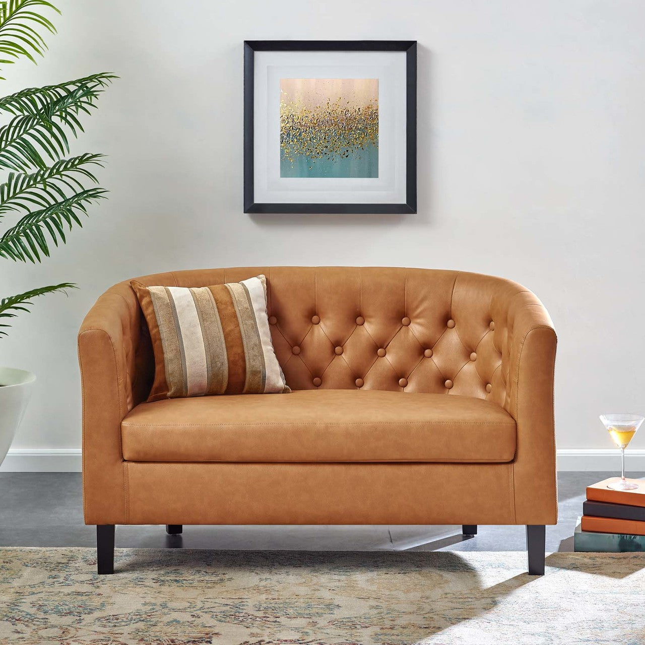 Prospect Upholstered Vinyl Loveseat, Faux Vinyl Leather, Tan Brown 15266