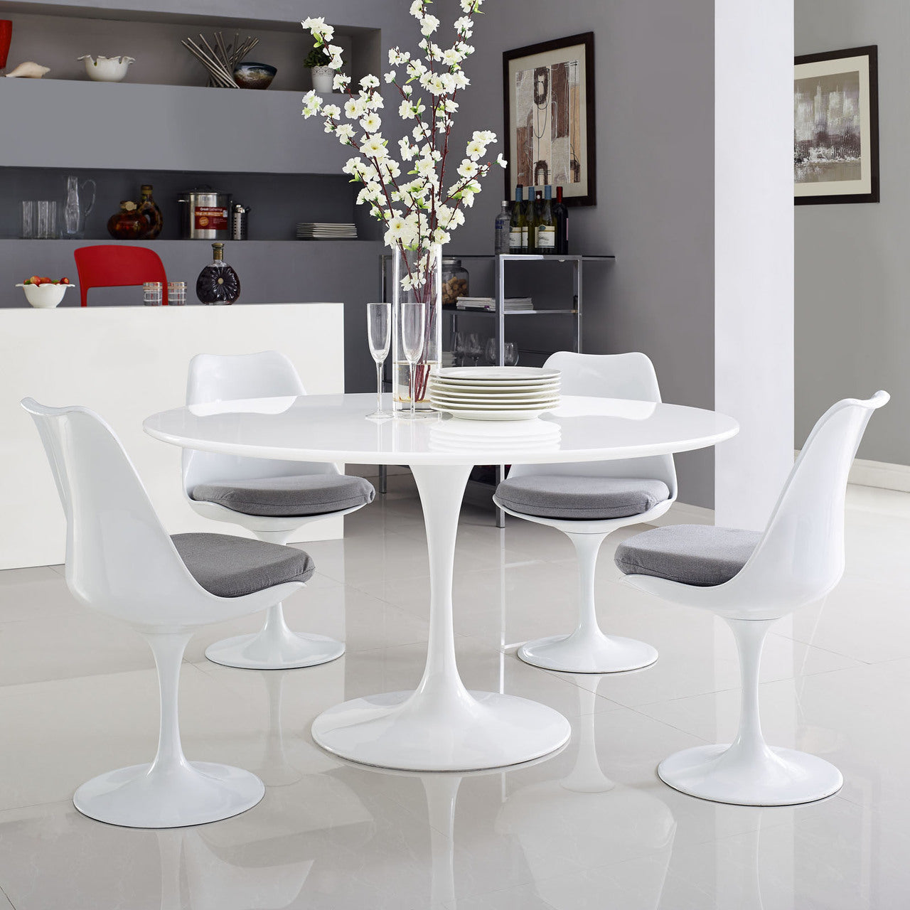 Lippa 54" Wood Top Dining Table, White Aluminum
