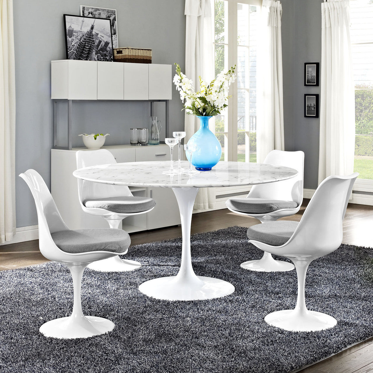 Lippa 54" Artificial Marble Dining Table, White Metal