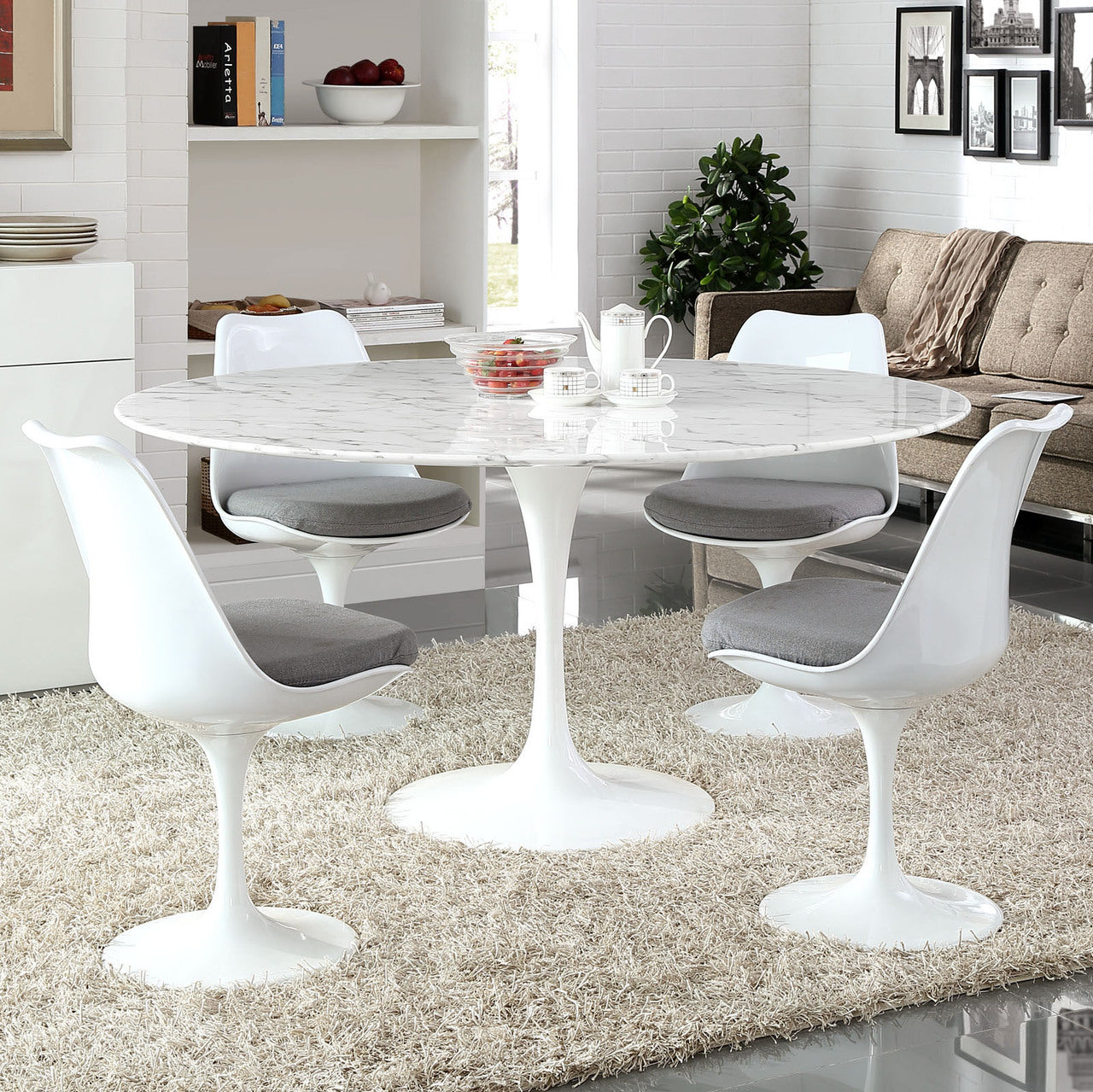 Lippa 60" Artificial Marble Dining Table, White Metal